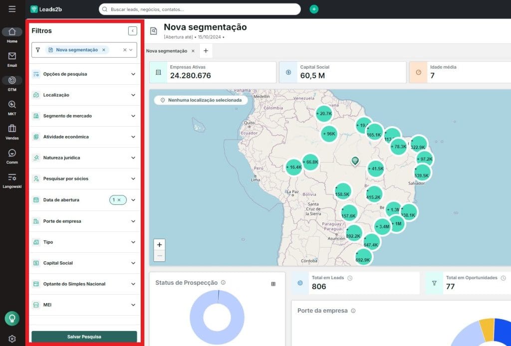 Use inúmeros filtros para pesquisar novas empresas para prospectar