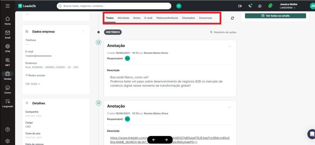 enha o histórico completo das interações com seus clientes registrado no CRM Leads2b
