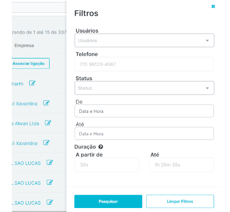 Controle por filtro das ligações realizadas pelo time comercial 