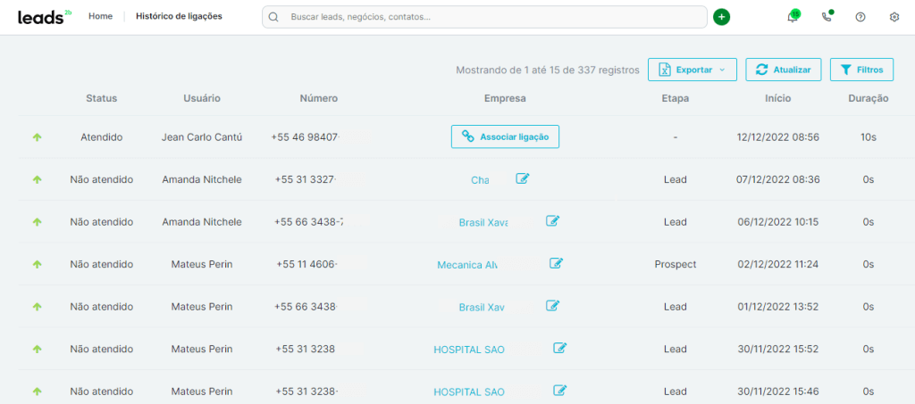Histórico no CRM das ligações realizadas no Leads2b Voice
