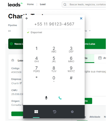 Ligação na plataforma Leads2b Voice