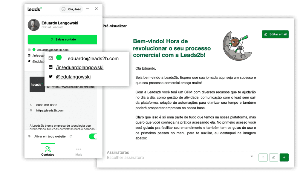 Os BDRs encontram informações como site e página do contato no Linkedin em cliques, sem alternar janelas, nem precisar baixar nada