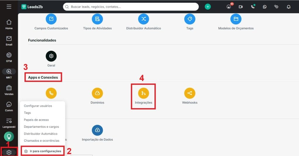 Em "Configurações", clique em "Ir para configurações" e selecione "Configurar" na seção "Minhas integrações"