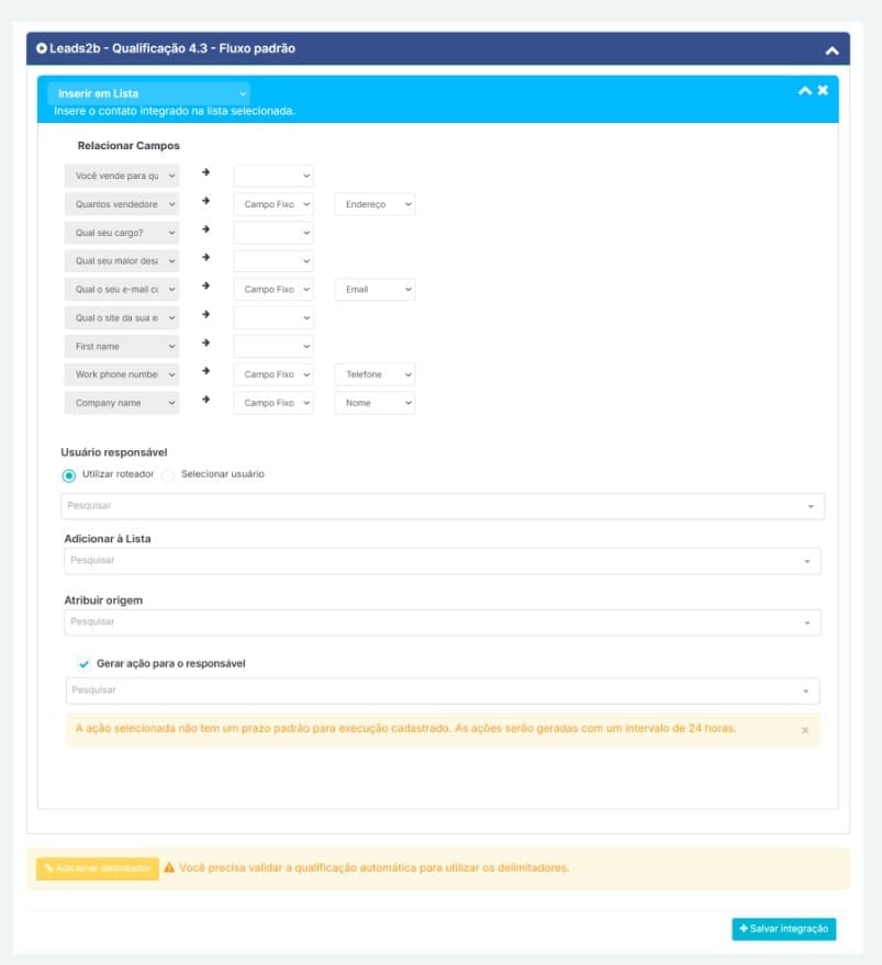 Para inserir o lead em uma lista a partir dos cadastros no forms do Face, selecione o pipeline, sua respectiva etapa, gere ação para o lead e adicione delimitador (se assim desejar) e salve
