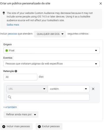 Selecione a origem, o período de retenção e a URL para criar seu público