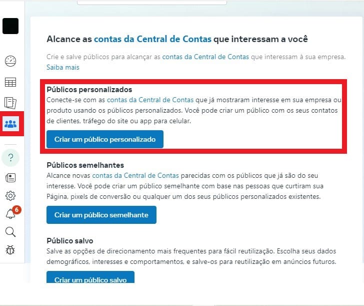 No menu, selecione "Públicos" e, em seguida, "Criar um público personalizado"