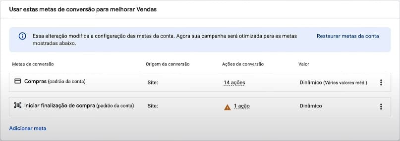 Selecione as metas de conversão da sua campanha