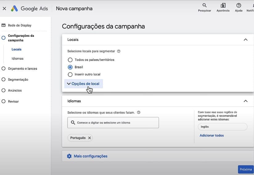 Se quiser, defina uma localização específica para a sua campanha