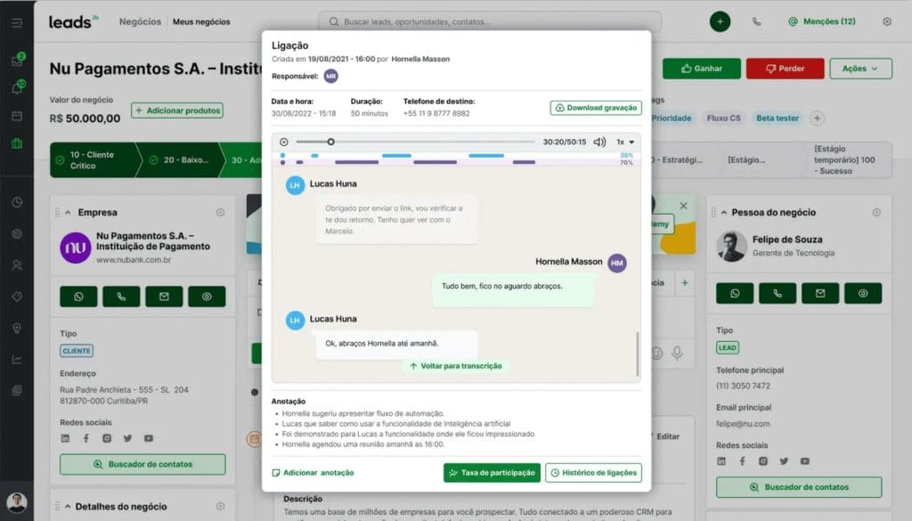 Com a Leads2b você não só grava como também transcreve ligações, aumentando a assertividade da sua comunicação