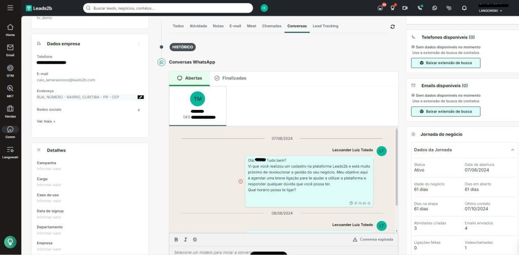 Mantenha cada conversa com o cliente no Whats registrado no histórico da negociação no CRM